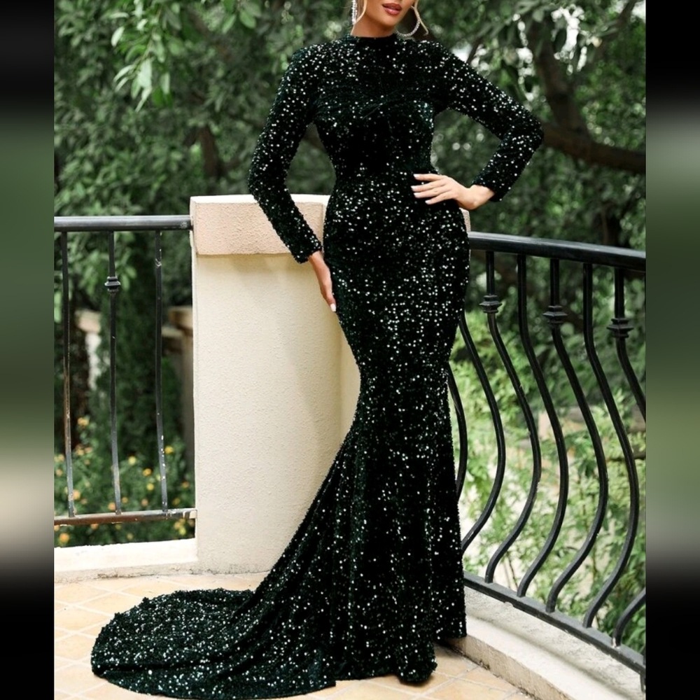 Luxe Sequin Mermaid Wedding Formal Party Gown Dress GREEN